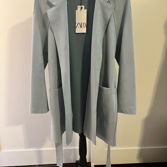 NWT ZARA Blue Faux Suede Trench Coat Modern Minimalist Design - Picture 2 of 5